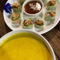 Fresh spring rolls and pumpkin soup at La Carotte Qui Rit in Surat Thani