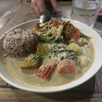 Green curry fried rice with tofu and vegetables….not spicy at all.  at La Carotte Qui Rit in Surat Thani