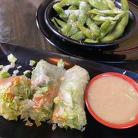 Edamame and fresh rolls with vegan peanut sauce  at Eating Thai in Hendersonville