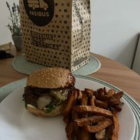 Cebulion vegan burger +sweet potato  chips   at Pasibus in Lodz