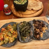 Mexican zuchini, mushroom with cactus, vegetable chili tacos & guacamole side  at Guisados in Cozumel
