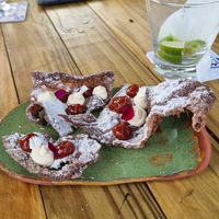 Romeo and Juliet (Guava and cheese) dessert. With rice crisps at Valvas Cozinha Intuitiva in Florianopolis