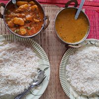 amazing potato, pea, tomato curry and dal with two plain rice at Shankara Vegis in Agra