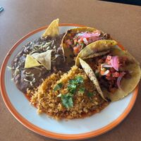 Vegan taco combo with mexican rice and refried beans at Tacoholics in Boquete