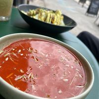 Gazpacho and fresh juice at Ecolonco Greenshop in Lisbon