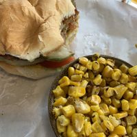 Vegan burger side of corn  at Tamarisk Restaurant in Green River