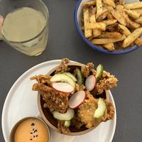 Fried oyster mushrooms plus oregano friess whilst  at Nooch Bar and Kitchen in Stirling