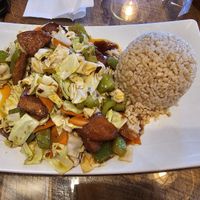 Pork and Cabbage (Good amount of pork just hidden under the veggies) at Vegan District Asian Eatery in Loma Linda