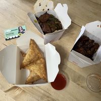 left to right: cream cheese rangoon, orange chicken (16 oz), mongolian pork (16 oz). The portions don’t look that big, but it was more than enough for two people.  at Vegan District Asian Eatery in Loma Linda