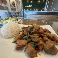 Fried Chicken and white rice with steamed veggies  at Vegan District Asian Eatery in Loma Linda