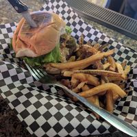 Beyond Bowen burger (peanut butter, hot dust, jalapenos) - surprisingly delicious! Apparently Arubans are very fond of peanut butter at Alfie's In Aruba in Oranjestad