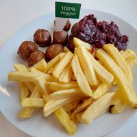 "Plantbullar" with fries and red cabbage at IKEA in Hanau
