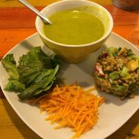 Assiette with two items (chilled soup and spelt salad), plus garnishes at Grain de Sable in Marseille