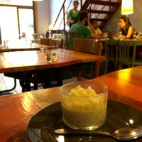 Tapioca dessert and shot of ground-floor dining room at Grain de Sable in Marseille
