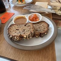 Banana bread w hazelnut butter and jam  at Ozone Coffee in East London