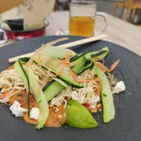Curry rojo (noodles, zucchinis, peanuts). at El Curry Verde in Hondarribia