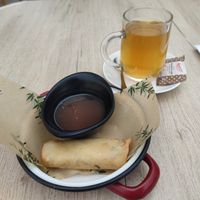 Spring roll with sweet-sour sauce, green tea.  at El Curry Verde in Hondarribia