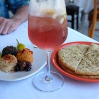 "Trio" of hummus, red pepper hummus and olive tapenade with pita at Santiago's Bodega in Key West