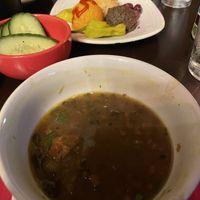 Hummus trio and lentil soup - don’t get pita it has eggs in it…get cucumbers for dipping.  Brussels and potatoes can be cooked in oil rather than butter   at Santiago's Bodega in Key West