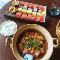 Fried Tofu in tomato sauce and fresh fruit at A Little Kitchen - Bếp Nhỏ in Hoi An