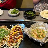 Okonomiyaki, “egg” roll, edamame, grilled mushrooms   at Jirokichi - / 次郎吉 in Hiroshima