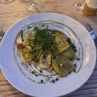 The only vegan option - pea ravioli   at The Manor House Hotel in Moreton-in-marsh
