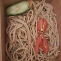 Mushroom pasta at Mundo Vegan in Barcelona