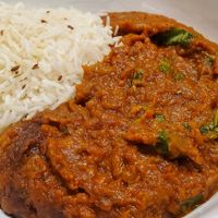 Baingan Bhartha and Basmati Rice Plated at home at Masala Bay in Littleton