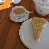 cake and tea with oat milk at Café Niederegger - Stammhaus in Luebeck