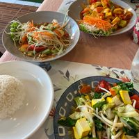 Fried sweet and sour sauce with tofu, papaya salad, rice and fried mixed vegetables with tofu at Chai Thaifood in Phuket