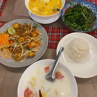 Massaman curry soup, Pad Thai, Tom Kha soup with tofu, fried morning glory and rice at Chai Thaifood in Phuket