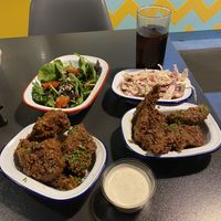 My second visit I was a little bit greedy and doubled up on the garlic and maple seitan wings, with a side salad and rainbow slaw! 🙈  at V Rev Vegan Diner in Manchester