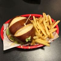 chicken burger and chips at V Rev Vegan Diner in Manchester