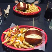 2 of the 'chicken' burgers with ranch fries at V Rev Vegan Diner in Manchester