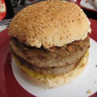 Mini mac with extra burger at V Rev Vegan Diner in Manchester