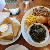 Soul Food sampler plus the tofu Cajun "catfish" at Detroit Vegan Soul - East in Detroit