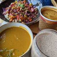 Thai bowl, butternut bisque, Elvis smoothie (peanut butter and coconut), golden mik at Life Alive Organic Cafe in Salem