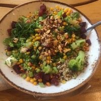 "Our Sesame Ginger Nama Sauce meets a colorful mix of corn, beets, broccoli, kale, shredded cheddar, tofu or sprouted legumes & tamari almonds over quinoa & brown rice" at Life Alive Organic Cafe in Salem