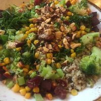 "Our Sesame Ginger Nama Sauce meets a colorful mix of corn, beets, broccoli, kale, shredded cheddar, tofu or sprouted legumes & tamari almonds over quinoa & brown rice" at Life Alive Organic Cafe in Salem