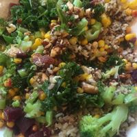 "Our Sesame Ginger Nama Sauce meets a colorful mix of corn, beets, broccoli, kale, shredded cheddar, tofu or sprouted legumes & tamari almonds over quinoa & brown rice" at Life Alive Organic Cafe in Salem