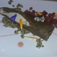 Rhubarb Crepe, Vanilla Cashew Cream, Pistachio Crumble, Confit Rhubarb, Rhubarb Syrup * at The Acorn in Vancouver