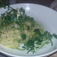 Spring Pea Tagliatelle, Pickled Ramps, Preserved Meyer Lemon Almond Ricotta, Wild Celery at The Acorn in Vancouver