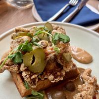 Mushroom waffle  at The Acorn in Vancouver