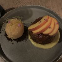 Peach: sweetcorn, heritage cornmeal cake   at The Acorn in Vancouver