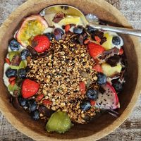 Vegan granola with coconut yoghurt and fruit at Buur Deli in Dusseldorf