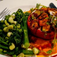Stuffed pepper (sweet potato and vegan feta cheese) with vegetables at The Fromeway in Radstock