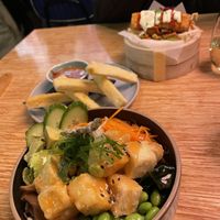 From top: bao bun, tofu chips, sushi bowl    at Ditto in Te Anau