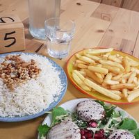 Rice, falafel and French fries at Locanda Salus in Bologna