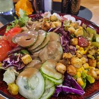 Salad with vegan dessert (but without the vegan fake chicken), big portion 🙃 at Deins & Meins in Zell Am See