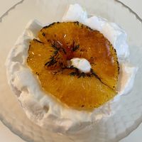 Orange with creme brulee crust, on coconut bed  at Klorofüll in Tallinn